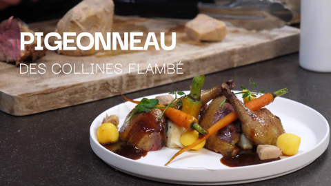 Pigeonneau des collines flambé au gin aromatisé à la cerise, aligot local, légumes primeurs, foie gras, sauce à la cerise